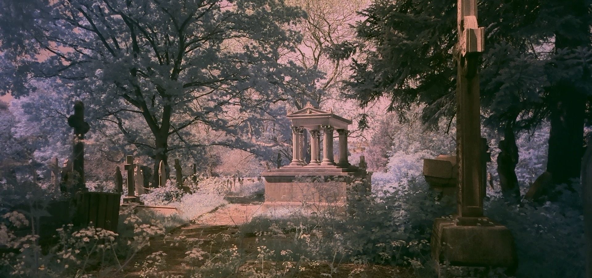 Graveyard with tombs, small temple shrine, trees, and pink-tinged light.